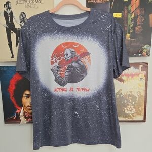 Graphic Horror Mask Tee - Charcoal with Orange Accent